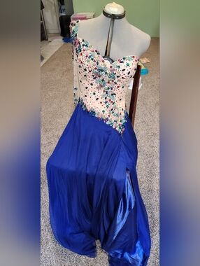 MacDuggal Blue One Shoulder Beaded Prom Dress Chiffon Slit Gown NWT Size  10